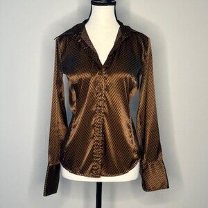 New York & Company Women's Button-Down Blouse, Brown w/ Abstract Print, Size XS